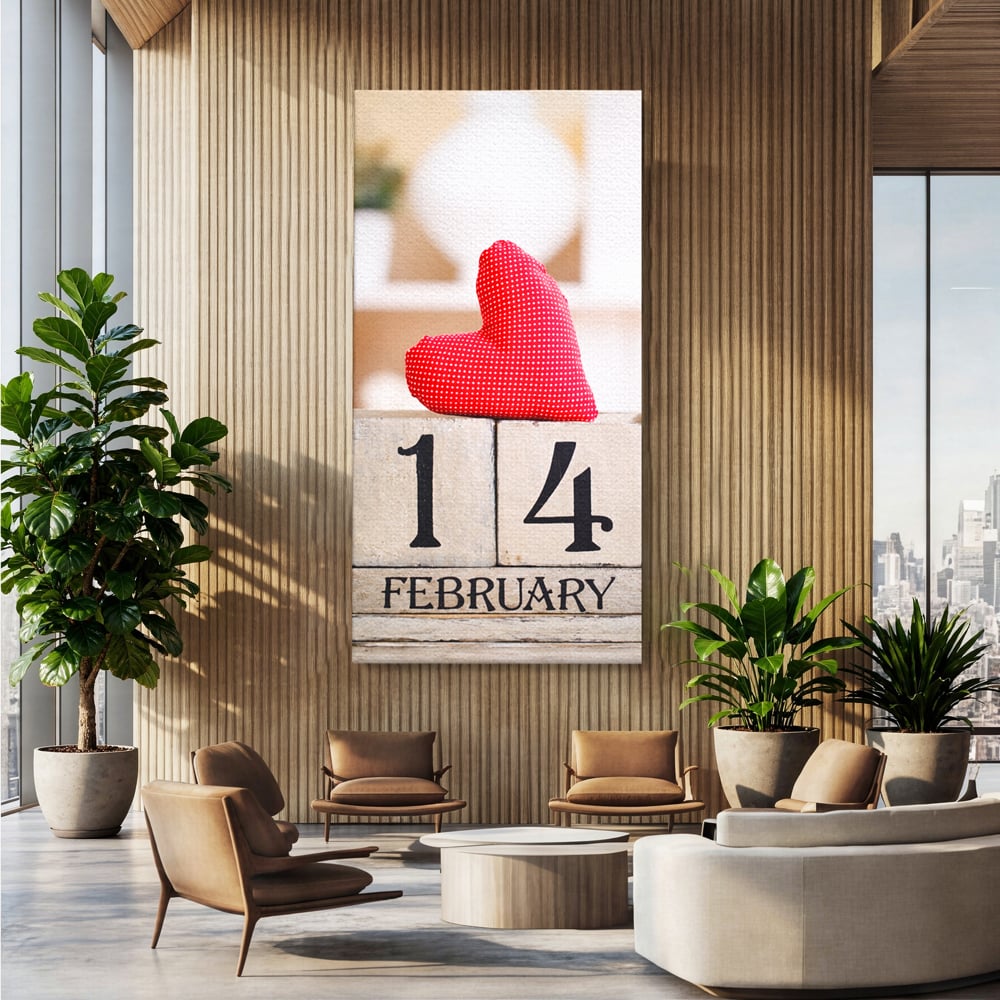 Tablou canvas cu tablou canvas cu data de paisprezece februarie, fara rama, pe sasiu de lemn, pe perete intr-un birou